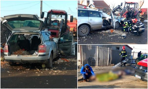 Accident frontal înfiorător la Tecuci. Doi bărbați au murit, iar al treilea este grav rănit după ce au intrat cu mașina într-un tractor pe contrasens