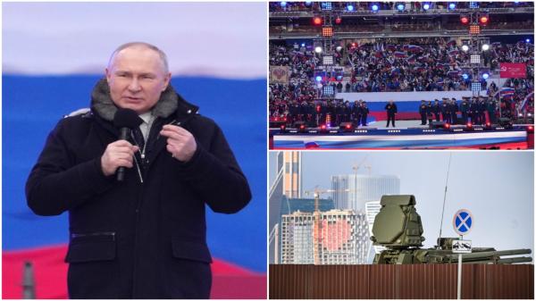 Miting cu zeci de mii de ruşi şi concert militar la Moscova. Putin, păzit cu sisteme Panțir pe stadionul Lujniki, a stat doar câteva minute