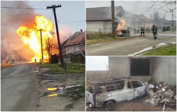 Incendiu de proporții în Satu Mare, după ce o camionetă cu butelii s-a înfipt într-o casă. În impact a spart o ţeavă de gaz