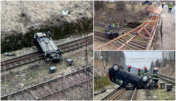 Un tânăr a sărit cu mașina de pe pod pe calea ferată, în Predeal. Traficul feroviar este oprit spre Timișu de Sus