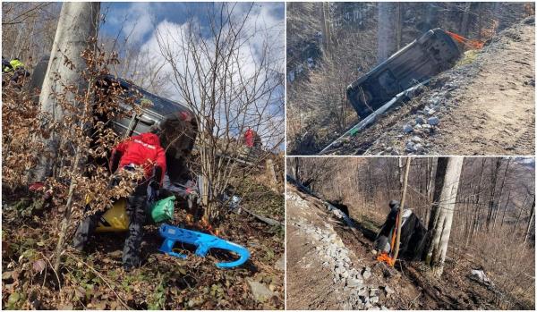 O familie s-a răsturnat cu mașina într-o râpă, lângă Stâna de Vale. Au rupt parapetele de pe marginea drumului și s-au oprit la 5 metri, într-un copac 
