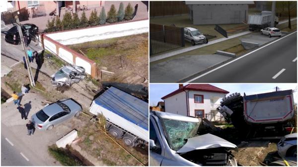 ANIMAŢIE GRAFICĂ. Cum s-a petrecut accidentul înfiorător din Gorj: TIR-ul scăpat de sub control a făcut zob maşina în care se aflau cei 2 copii şi mama lor