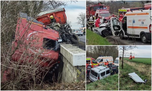 Mașină zdrobită de TIR, pe un drum din Iași. Cabina camionului s-a rupt de pe șasiu, doi oameni au murit