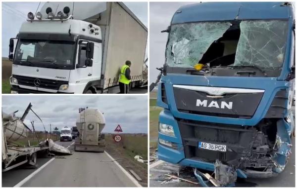 Un camion a fost izbit în plin de remorca altuia, dezintegrată de rafalele puternice de vânt, între Galaţi şi Brăila