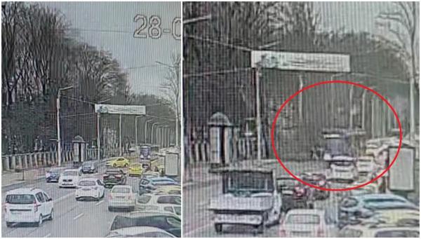 Momentul prăbușirii unui copac uriaș peste o stație de tramvai din Iași. Câțiva călători se feresc în ultima secundă