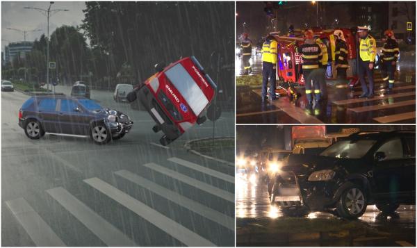 ANIMAŢIE. Filmul accidentului violent din Capitală în care o ambulanţă aflată în misiune a fost izbită şi răsturnată. Patru răniţi, între care un copil