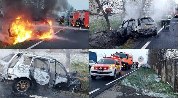 Femeie de 44 de ani, la un pas de moarte după ce mașina a ieșit de pe drum, a intrat într-un șanț și a luat foc. Martorii au scos-o la timp din vehicul