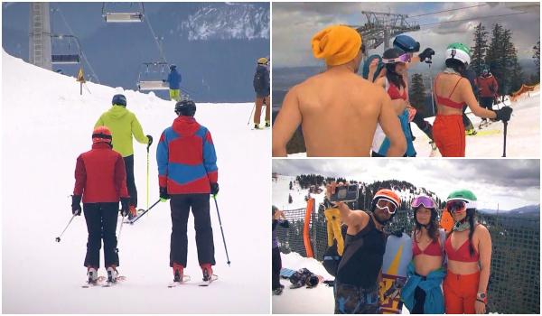 Pe pârtie, ca la plajă. Turiştii au profitat de vremea bună şi au schiat în costume de baie, în Poiana Braşov