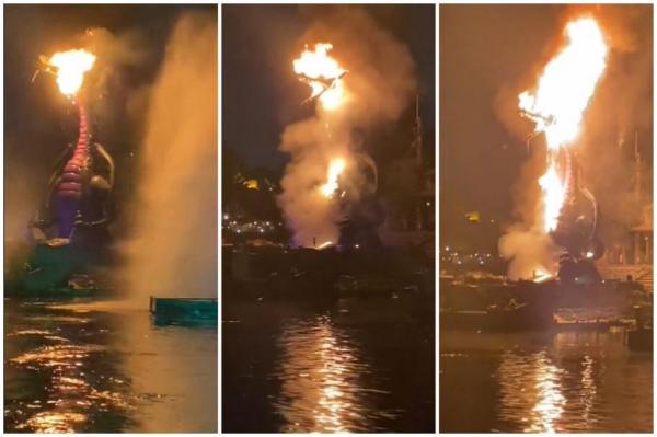 Momentul în care un dragon uriaş ia foc şi arde ca o torţă în timpul unui spectacol de la Disneyland