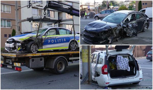 BMW nou-nouț al Poliţiei, făcut zob într-un accident cu patru maşini, la Cluj. Şase răniţi, inclusiv poliţiştii, după impactul violent