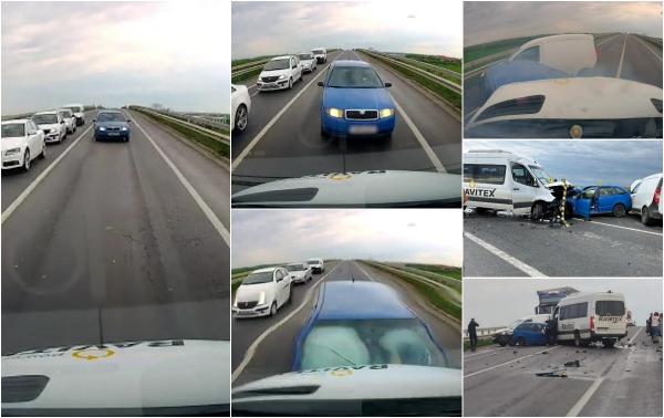 Momentul când o mașină intră în depășire neregulamentară și se izbește în plin de un microbuz, în Timiș. 10 persoane au fost rănite în urma impactului