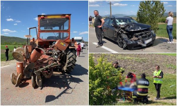 Fiul de 16 ani, aruncat din cabina tractorului condus de tată, pe un drum din Sălaj. Un BMW i-a spulberat, după ce utilajul nu a acordat prioritate