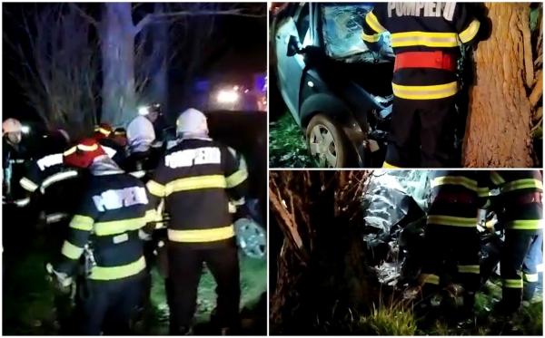 Șofer mort într-o mașină făcută zob în copac, lângă poligonul militar de la Cincu. Pompierii s-au chinuit zeci de minute să-l scoată dintre fiare