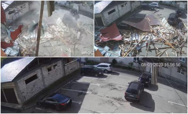 Momentul în care o vijelie puternică smulge acoperișul unui bloc și-l trântește peste mașini, într-o parcare din Bistrița