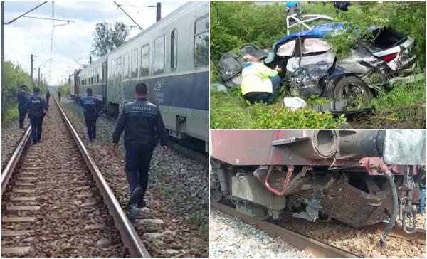 Mașină Google Street View, izbită în plin de tren şi făcută zob, la Butoiești. Vehiculul a fost aruncat la 30 de metri de calea ferată, pe câmp