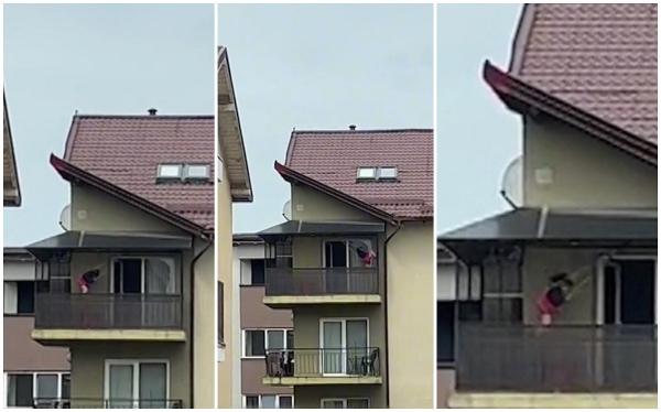 "Nişte sticlă o separă de... Vai de capul meu!" Fetiţă filmată în timp ce se dă într-un leagăn improvizat pe balconul unui apartament de la ultimul etaj, în Cluj