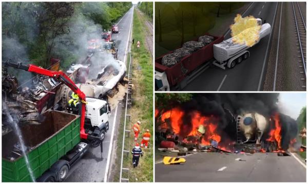 ANIMAŢIE. Şofer mort, după ce o cisternă s-a ciocnit frontal cu un TIR. Nimeni nu a fost lăsat să se apropie pe o rază de 1 km