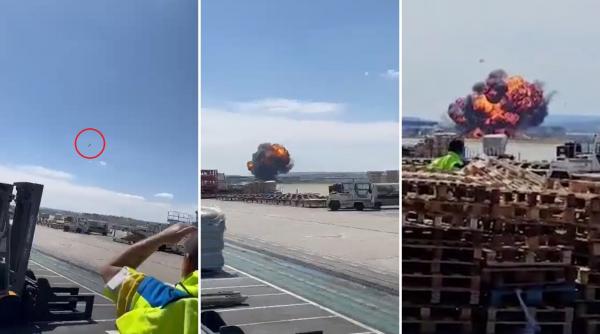 Momentul în care un avion F-18 se prăbușește fulgerător în Spania. Pilotul s-a catapultat cu 2 secunde înainte de impact