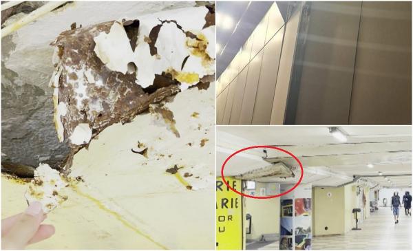 ''Bomba'' cu ceas din Pasajul Obor. Bucăţile de tablă ruginită, care se rup şi cu mâna liberă, pot cădea oricând peste trecători