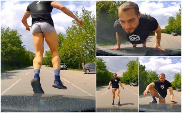Un tânăr în chiloți a blocat mașina unor români, pe un drum din Bulgaria. Camera de bord l-a filmat cum sare pe capotă