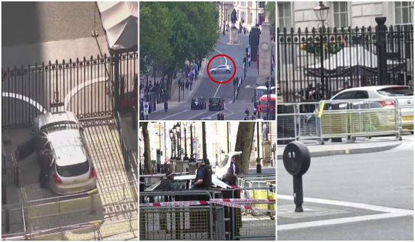 Momentul în care o maşină s-a izbit de porţile din Downing Street, reşedinţa premierului britanic. Şoferul, arestat