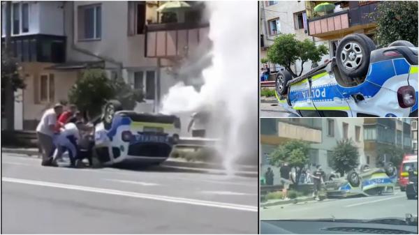 O maşină a poliţiei a luat foc, după ce s-a răsturnat în drum spre o misiune în Sighişoara. O şoferiţă nu a văzut-o şi i-a tăiat calea