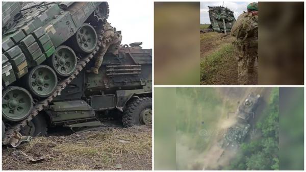 Momentul în care un tanc ucrainean striveşte un blindat american MaxxPro. Mecanicul s-ar fi panicat, urma să fie lovit de o dronă. VIDEO