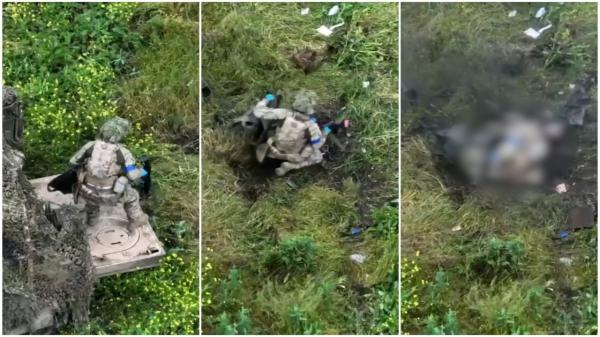 Momentul în care un soldat ucrainean rămâne fără un picior după ce calcă pe o mină. Îşi leagă singur un garou şi se târăşte spre un blindat