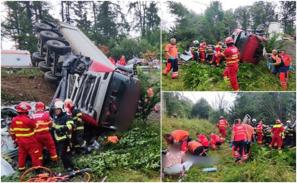 "Asta mică a ieşit pe contrasens". Dezastru cu doi morți pe un drum din Suceava, după ce o mașină s-a înfipt într-un TIR încărcat cu piatră