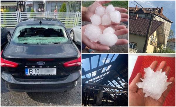 "Prăpăd!" Grindina cât oul de găină a făcut ravagii în Maramureș. Bucățile mari de gheață au distrus mai multe mașini