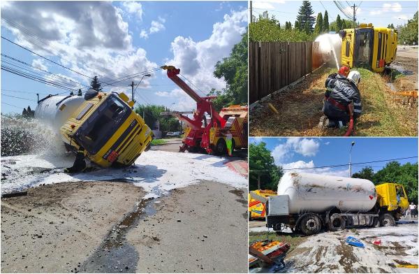 Cisternă plină cu motorină, răsturnată pe o stradă în Ploieşti. Pompierii au răcit rezervorul camionului, înaintea unei posibile explozii