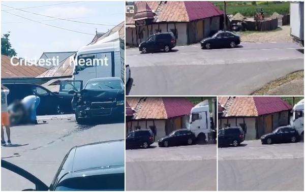 Momentul impactului când un TIR intră în plin în două autoturisme care staţionau în Iaşi. Cinci persoane, printre care doi copii, au ajuns la spital