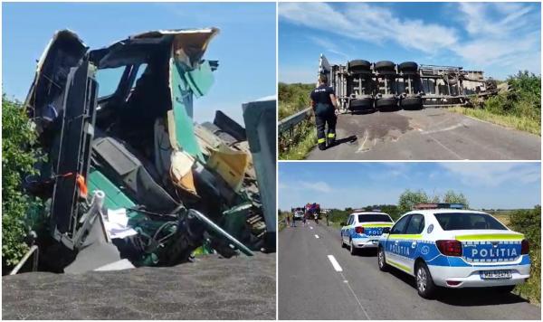 "Dintr-o dată, a pierdut controlul". Șofer de TIR mort în cabină, pe un drum din Timiș. Camionul plin cu rapiță s-a răsturnat între Peciu și Uivar