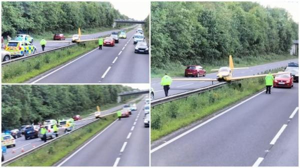 Aterizare forțată în mijlocul unei autostrăzi din UK. Un avion ușor, surprins când s-a oprit chiar între sensurile de mers