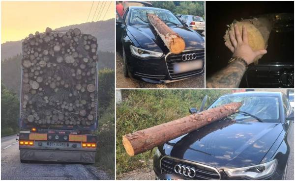 "Zici că suntem în Final Destination!" Un buștean a zburat dintr-un TIR cu lemne și s-a înfipt în parbrizul unui Audi, pe un drum din Brașov