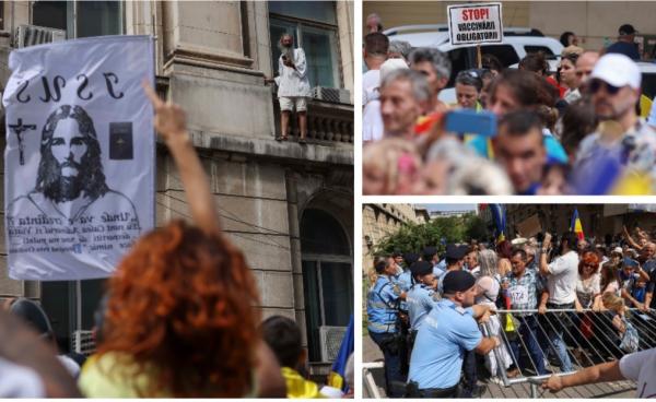 Circ la protestul AUR. Un bărbat s-a căţărat pe clădirea ministerului până la etajul 1 şi nu vrea să mai coboare. Reacţia Jandarmeriei