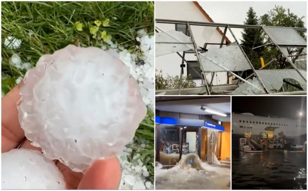 Grindina cât oul de găină a făcut prăpăd în Frankfurt. Zeci de maşini și acoperişuri făcute praf, puhoaiele au inundat staţiile de metrou și pista aeroportului