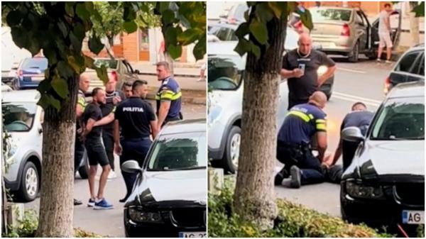 Momentul în care un şofer drogat este pus la pământ şi încătuşat, în Mioveni. Tânărul de 22 de ani devenise recalcitrant cu poliţiştii
