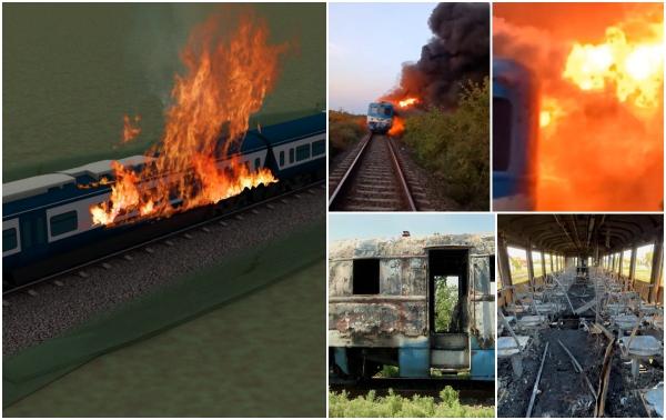 ANIMAŢIE. Cum a luat foc trenul Malaxa 1000, vechi de 100 de ani. Pasagerii au sărit în ultima clipă din vagoane pentru a se salva