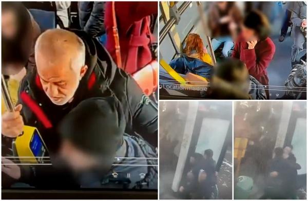Momentul în care doi indivizi fură bani din geanta unei femei, într-un autobuz din Bucureşti. Hoţii, prinşi de poliţişti sub acoperire