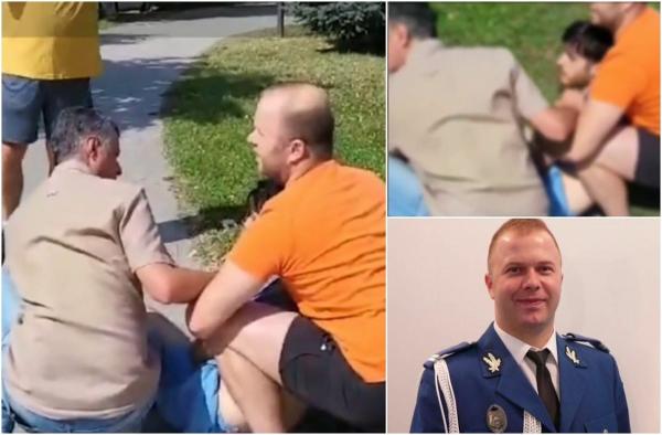 Momentul în care bărbatul care a smuls un copil din braţele mamei sale în Deva este pus la pământ de un jandarm. Tânărul, internat acum la Psihiatrie