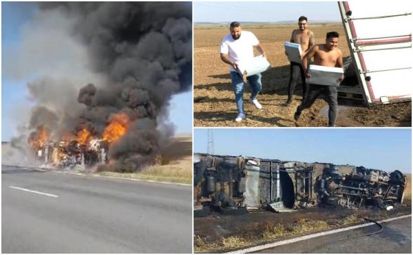 "Hai la brânză! Cred că mănânc o lună" Un TIR plin cu cașcaval a luat foc și s-a răsturnat, pe un drum din Mehedinți. Iar localnicii s-au gândit să profite