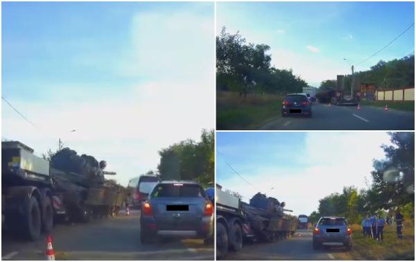 Cu tancul pe carosabil în Bacău: Trailerul pe care se afla a intrat în balans, după ce a încercat să evite un bătrân care traversa strada regulamentar