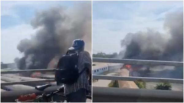 Trei vagoane dezafectate, cuprinse de flăcări între Podul Grand şi Podul Basarab. Pompierii intervin cu mai multe autospeciale pentru a stinge incendiul
