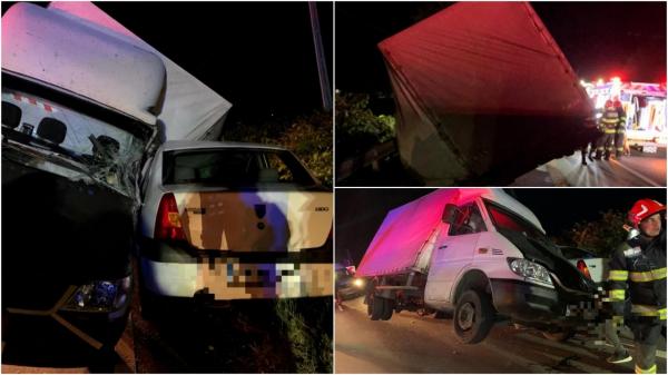 Camionetă răsturnată peste o mașină, în Sighișoara. O persoană a fost rănită, după ce șoferul autoutilitarei a pierdut controlul volanului