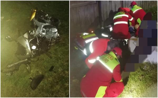 Motocicletă făcută bucăți, după un accident înfiorător la Poiana Mărului. Un tânăr a murit pe loc, altul a ajuns în stare gravă la spital