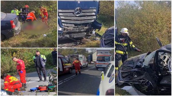 Accident înfiorător cu 2 morți și un rănit în Săpânța. O mașină s-a făcut praf după ce s-a ciocnit frontal cu un TIR. Imagini șocante de la locul tragediei