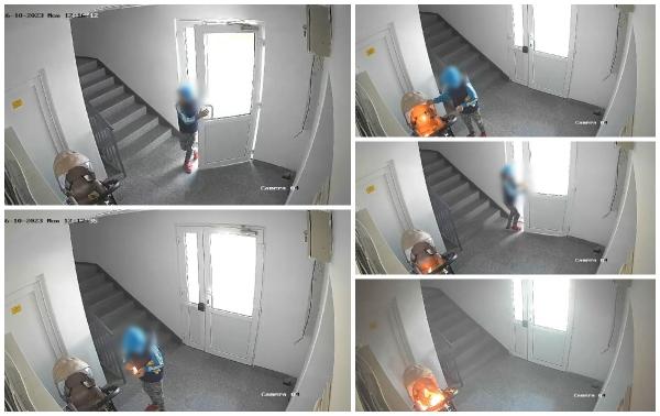 Momentul când un copil de 9 ani provoacă un incendiu într-un bloc din Tecuci. Nu s-a lăsat până nu a aprins căruciorul de pe hol
