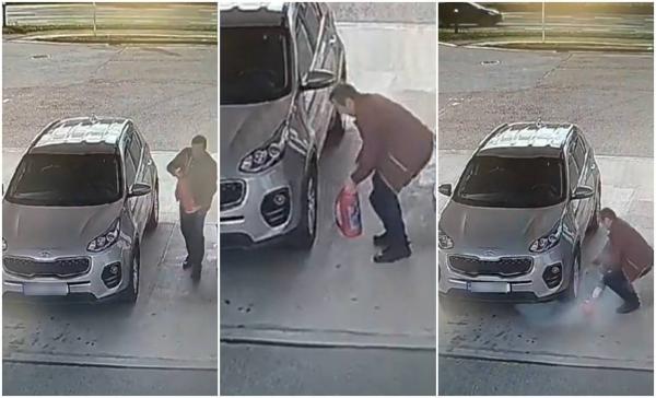 Un șofer a încercat să umfle anvelopa mașinii cu extinctorul. Momentul a fost filmat într-o benzinărie din Cehia