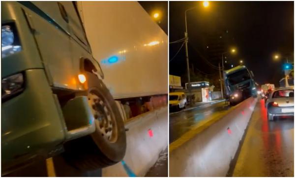 Camion suspendat pe Șoseaua Fundeni. Șoferul a intrat cu TIR-ul în separatorul de beton dintre sensurile de mers